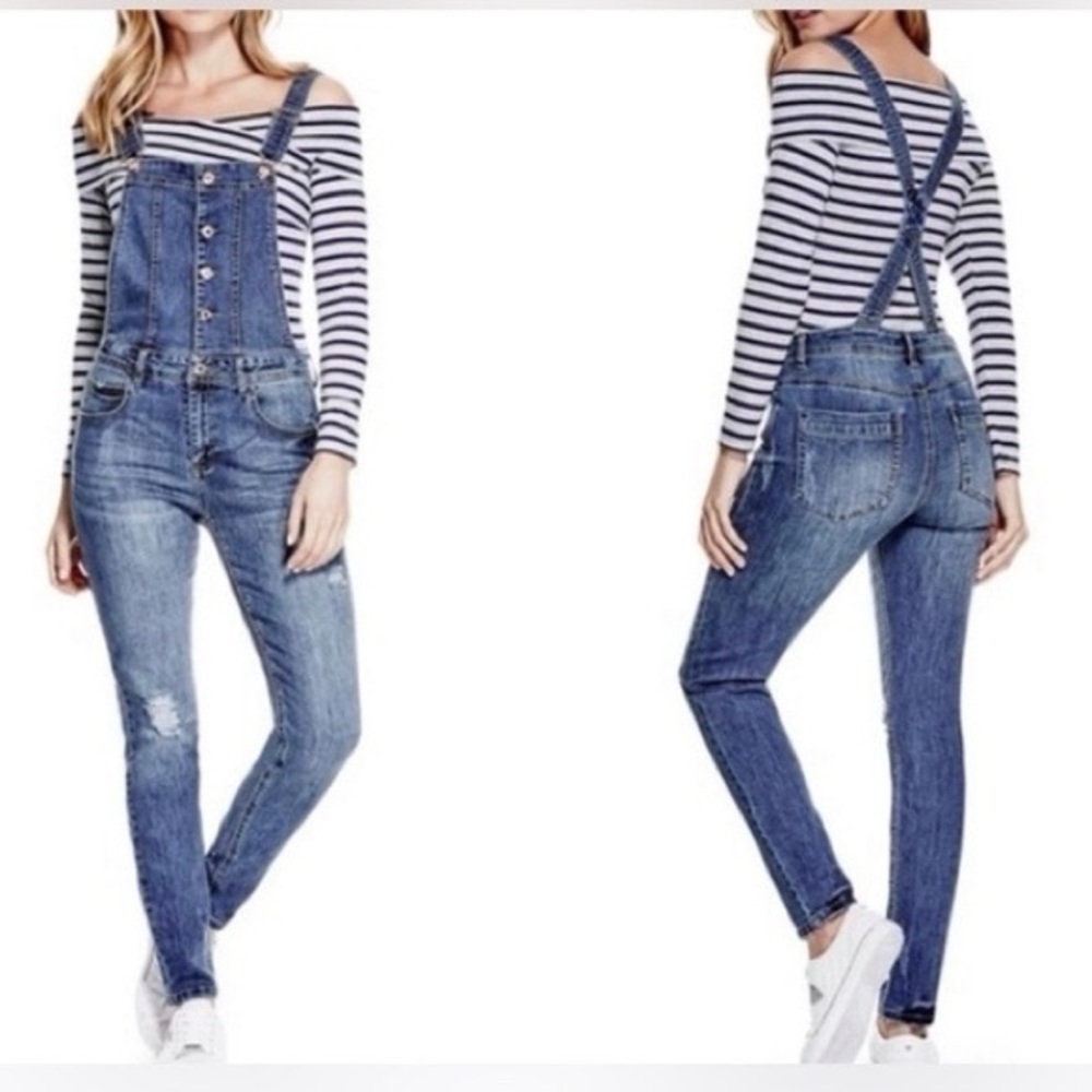 Guess Aviana Blue Wash Real Denim Distressed Skinny Overalls Size 28